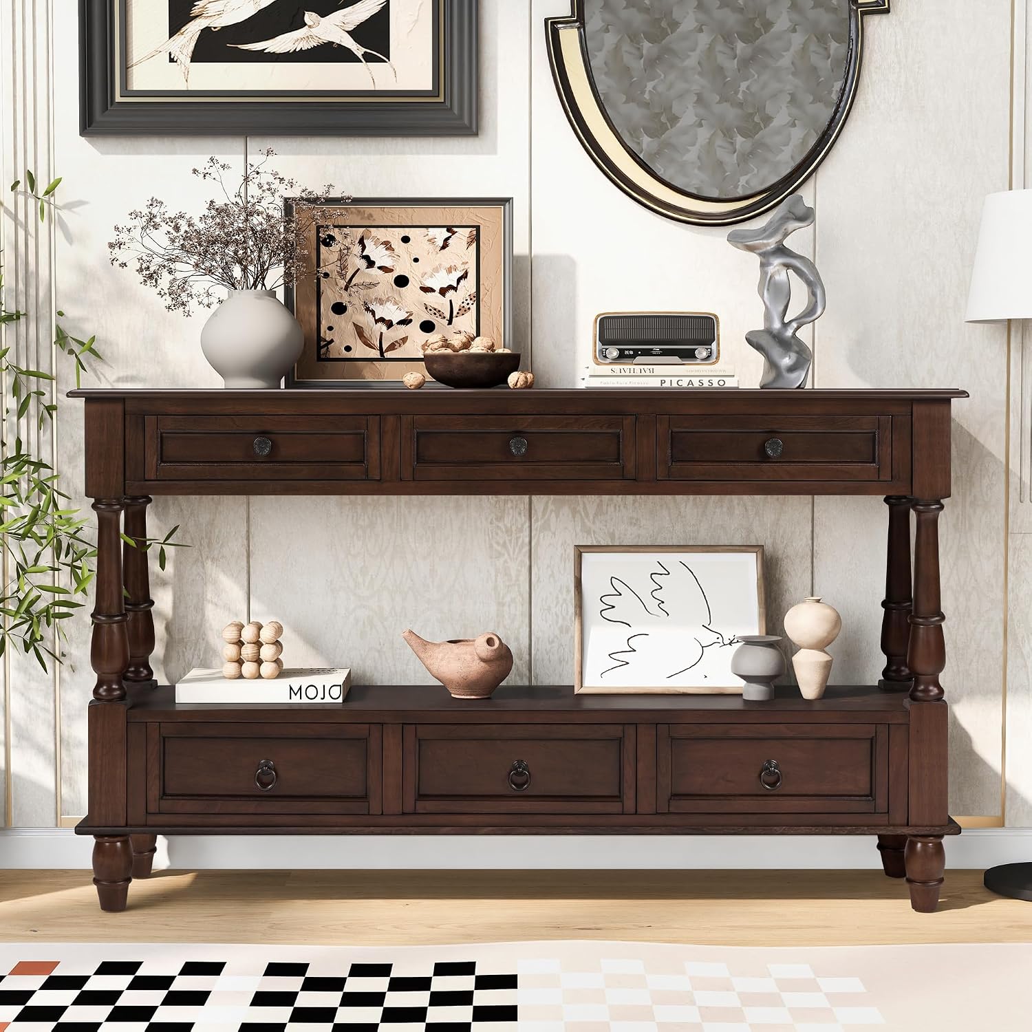 Knocbel Console Table with 6 Storage Drawers and Bottom Shelf, Vintage Sofa Table with Solid Wood Frame and Legs for Entryway Living Room, 54" W x 13.5" D x 32" H, Espresso