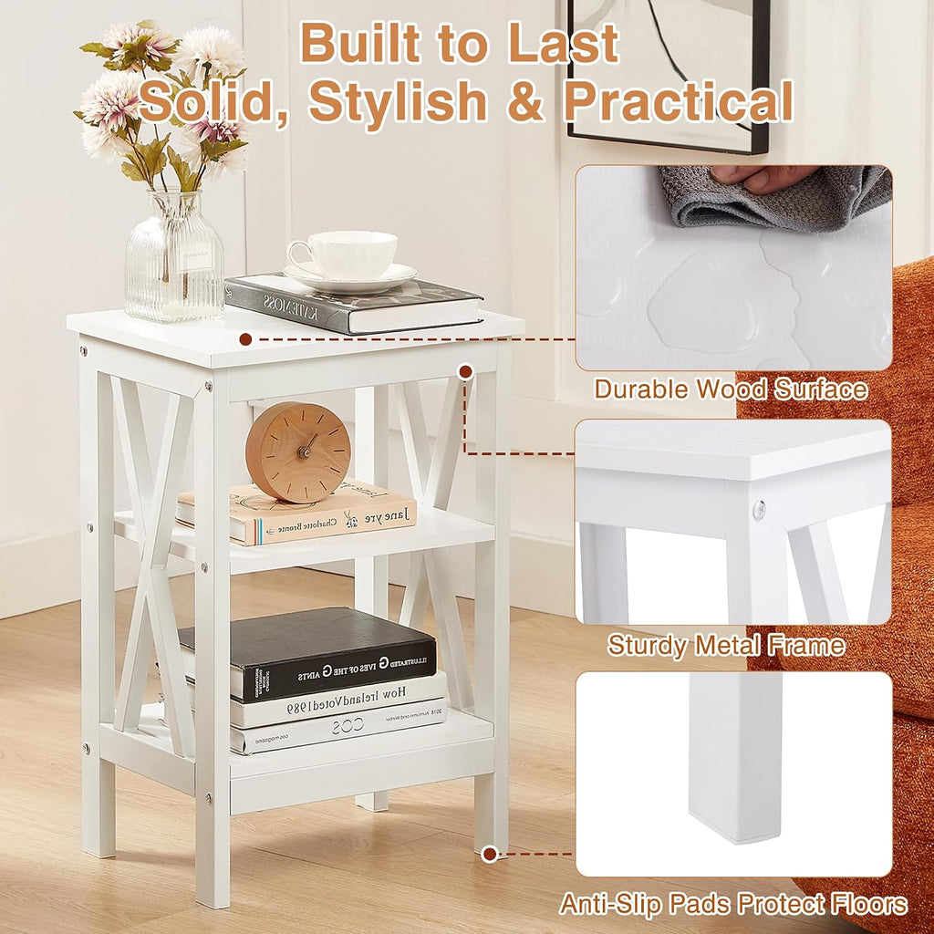 VECELO End Table Set of 2, Bedside Table, 24" Tall Living Room End Tables, X-Design Reinforced Nightstands, Side Table with 3-Tier Storage Shelves for Small Spaces, Office, Bathroom, Bedroom, White