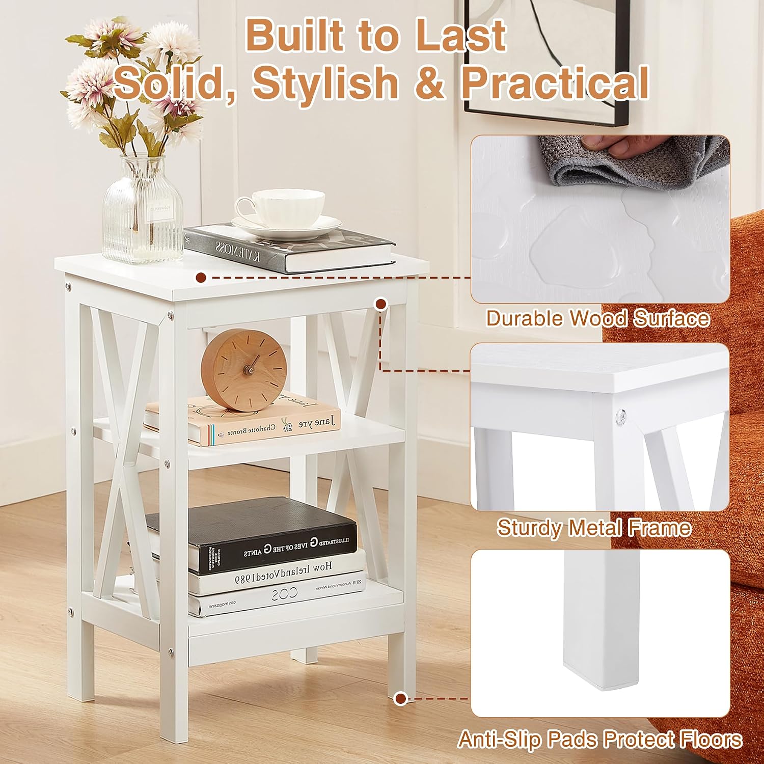 VECELO End Table Set of 2, Bedside Table, 24" Tall Living Room End Tables, X-Design Reinforced Nightstands, Side Table with 3-Tier Storage Shelves for Small Spaces, Office, Bathroom, Bedroom, White