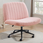 OLIXIS Criss Cross Chair with Wheels Wide Cross Legged Office Desk Vanity Chair Comfy Fabric Armless Adjustable Swivel for Home Computer Task Teddy Pink
