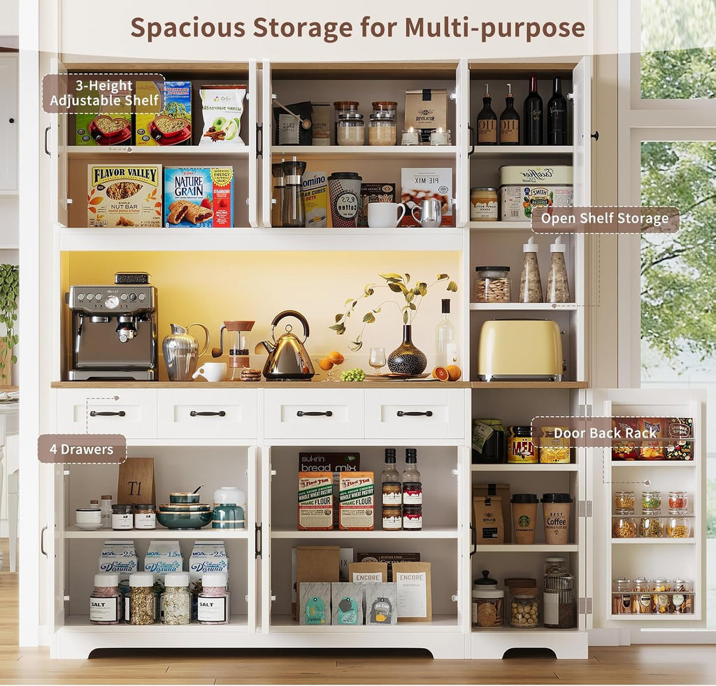 Kitchen Pantry Cabinet, 71" Farmhouse Coffee Bar Storage Cabinet with 6 Doors & 4 Drawers, Kitchen Storage Cabinet with Adjustable Shelves, Waterproof Pantry Cabinet for Dining Room, White