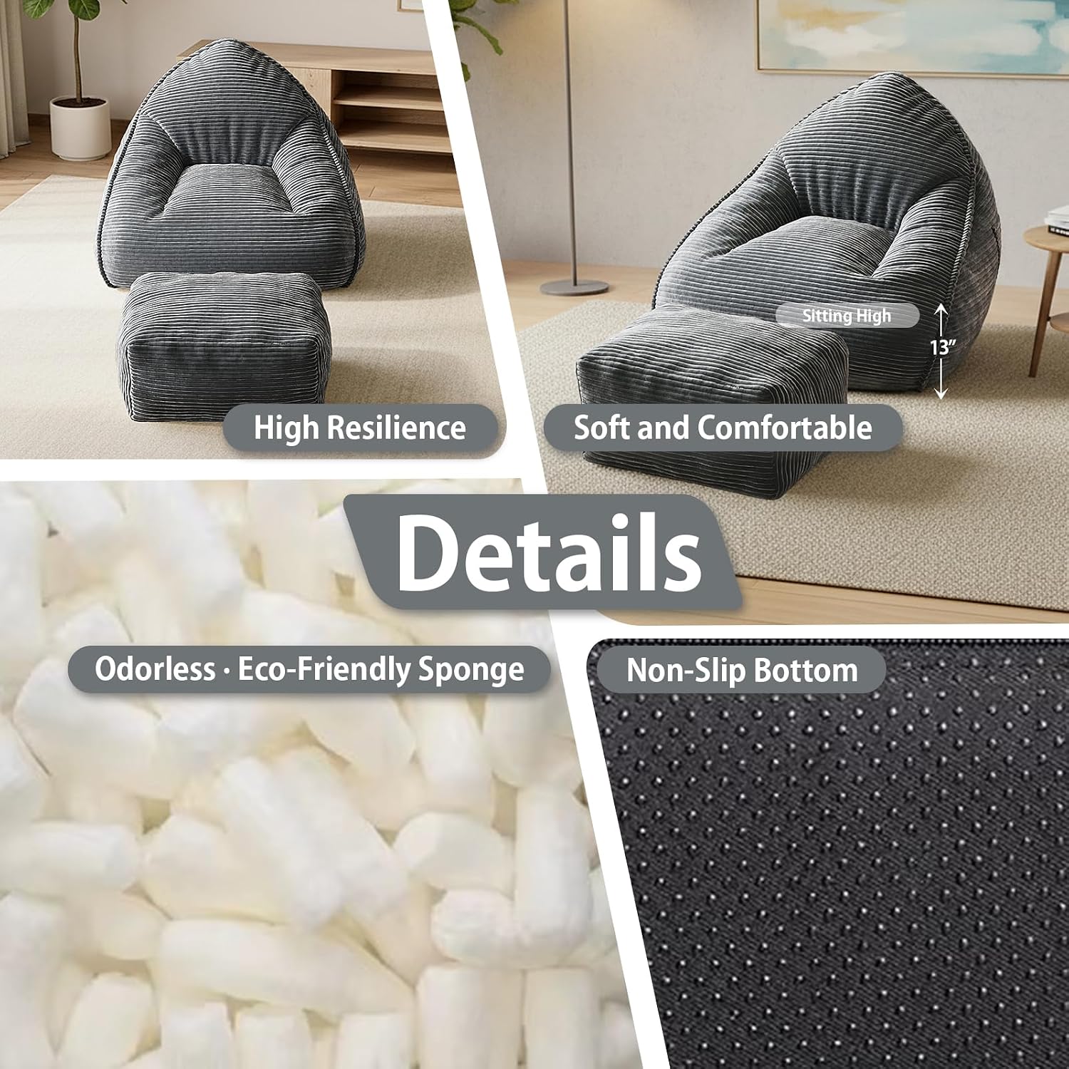 Bean Bag Chair with Ottoman, Bean Bag Sofa,Accent Chairs,Corduroy Fabric, Comfortable Reading Chairs for Living Room, Bedroom, Reading Nook,Modern Lounge Reclining Chair with Footrest (GRAY, Medium)