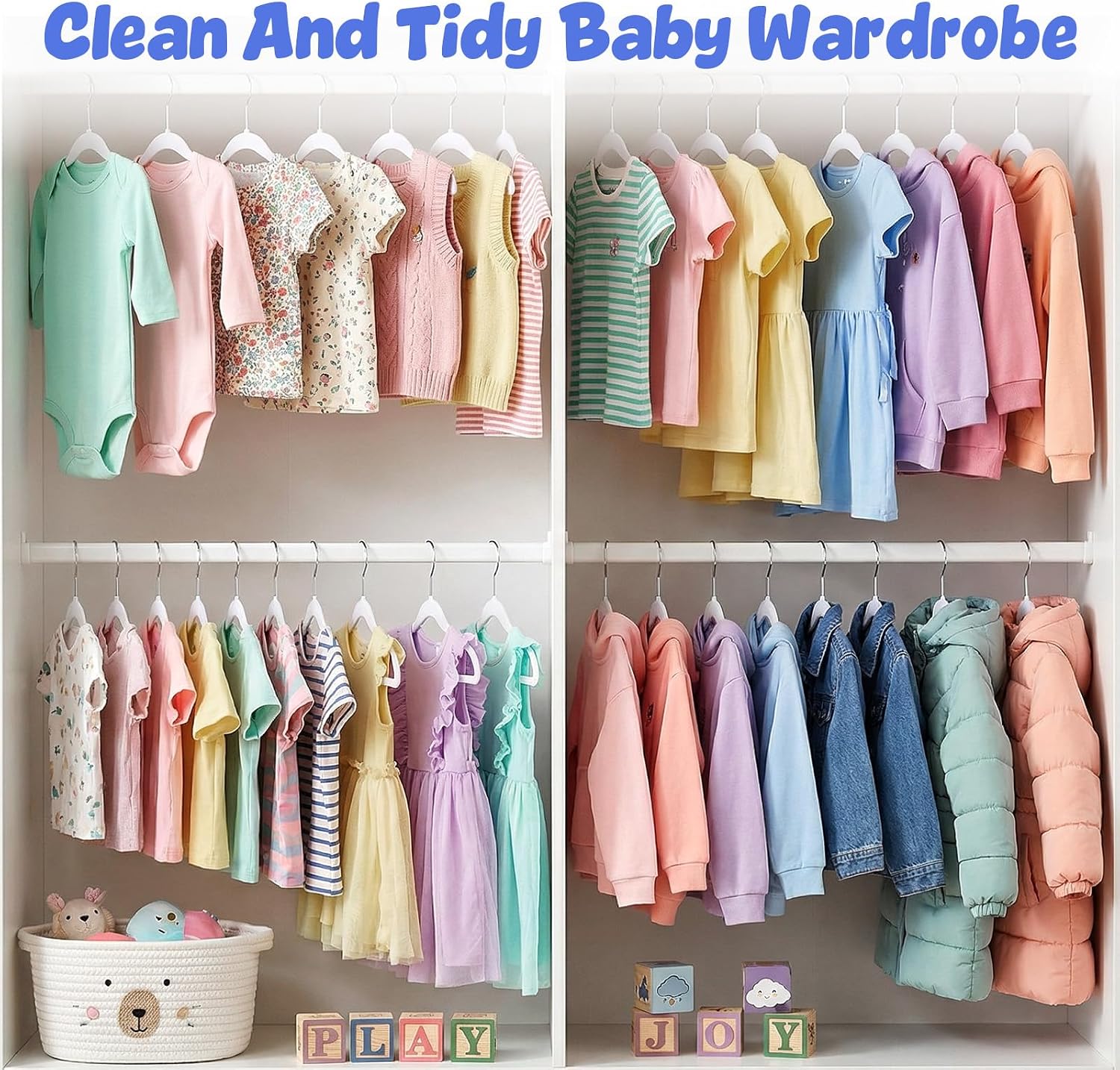 HOUSE DAY 11.4 Inch Baby Hangers 50 Pack - Plastic Kids Hangers Space Saving Thin Profile, Children Closet Organizers with Rotatable Hook of 360°, Heavy Duty for Toddler Clothes Nursery - White