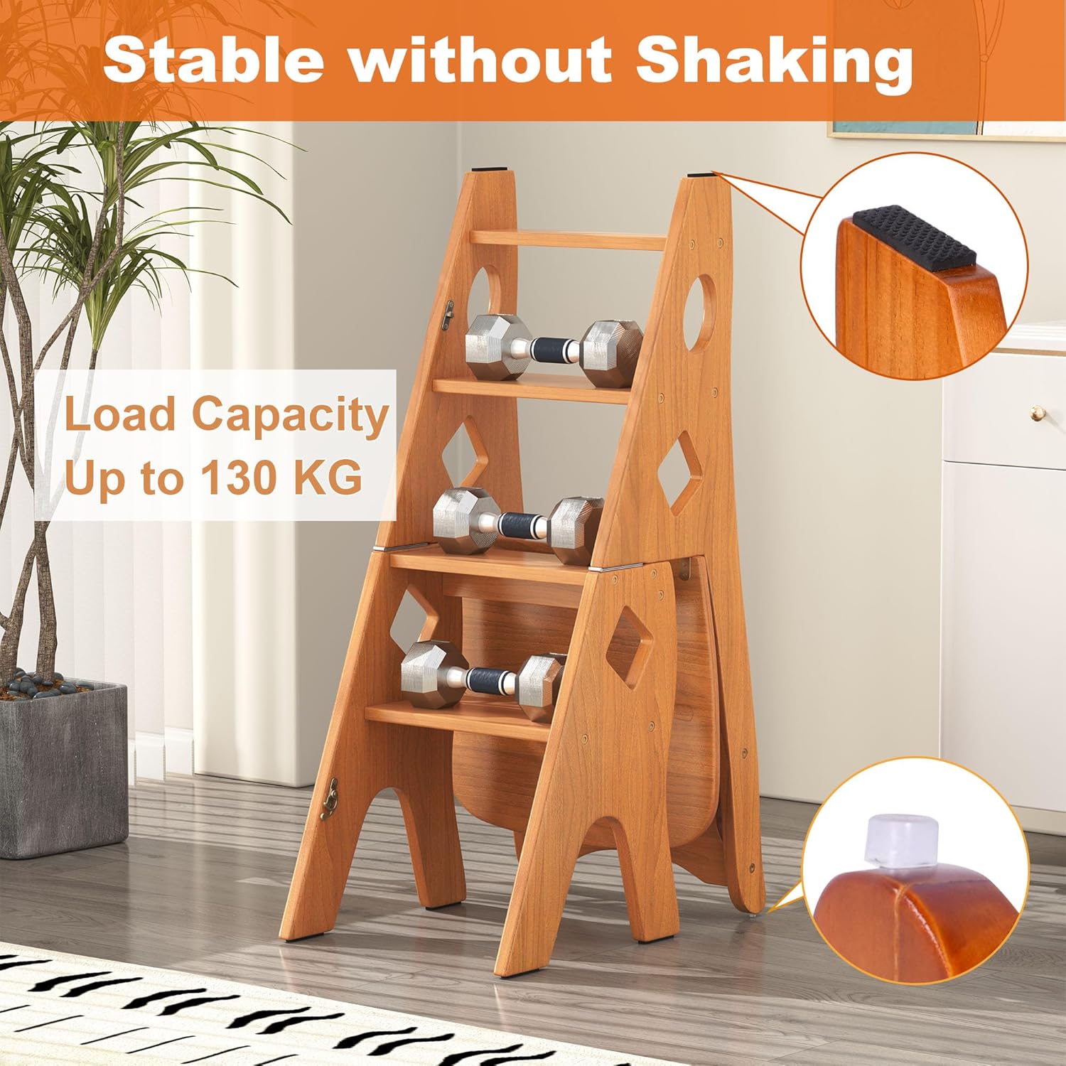 Folding Library Ladder Chair, 4 Tier Portable Step Stool Chair, Lightweight 3-in-1 Stepladders Display Stand, Library Steps Bookshelf Plant Stand for Storage and Decoration