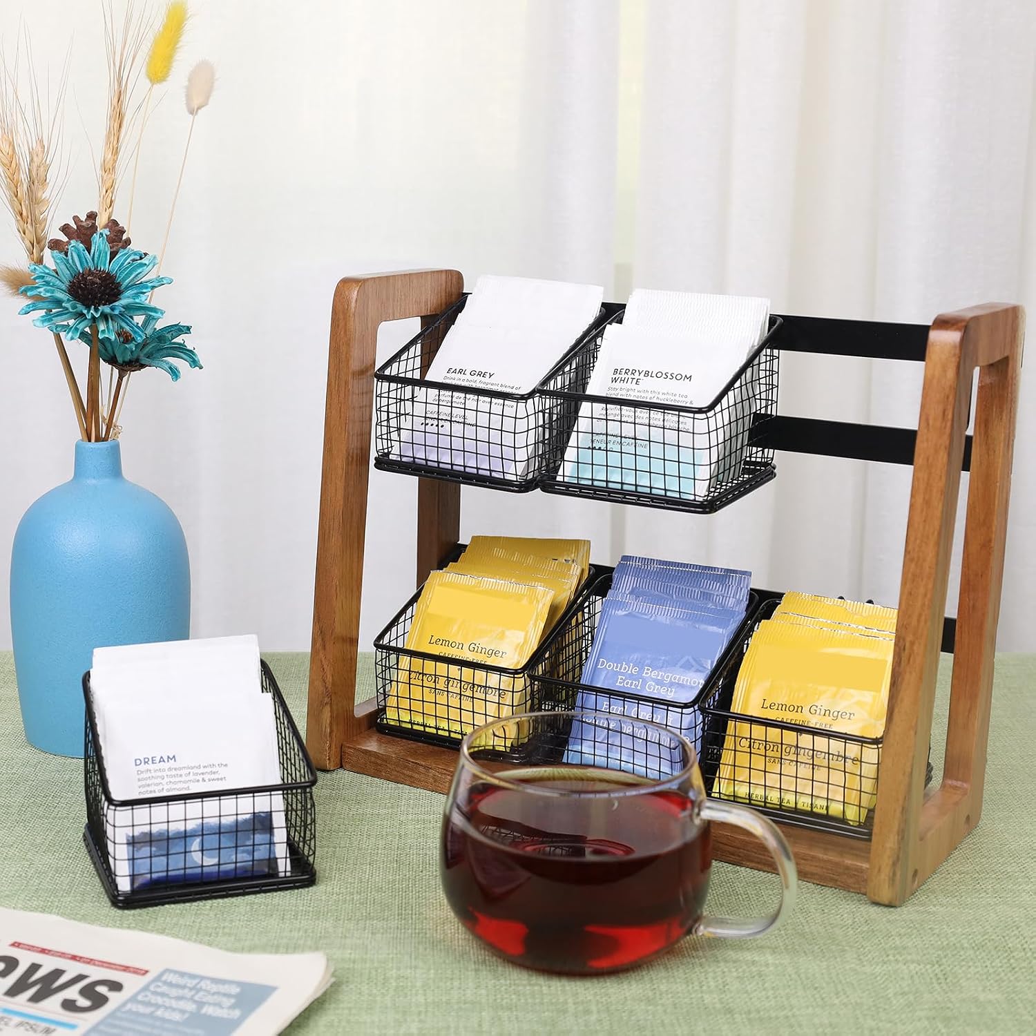 HTB 2 Tier Tea Organizer for Tea Bags with 6 Removable Metal Baskets | Acacia Wood Tea Bag Holder for Sugar Packets, Sweeteners, Creamers,Tea Bag Box Caddy for Cabinet, Counter,Office Wall-mounted