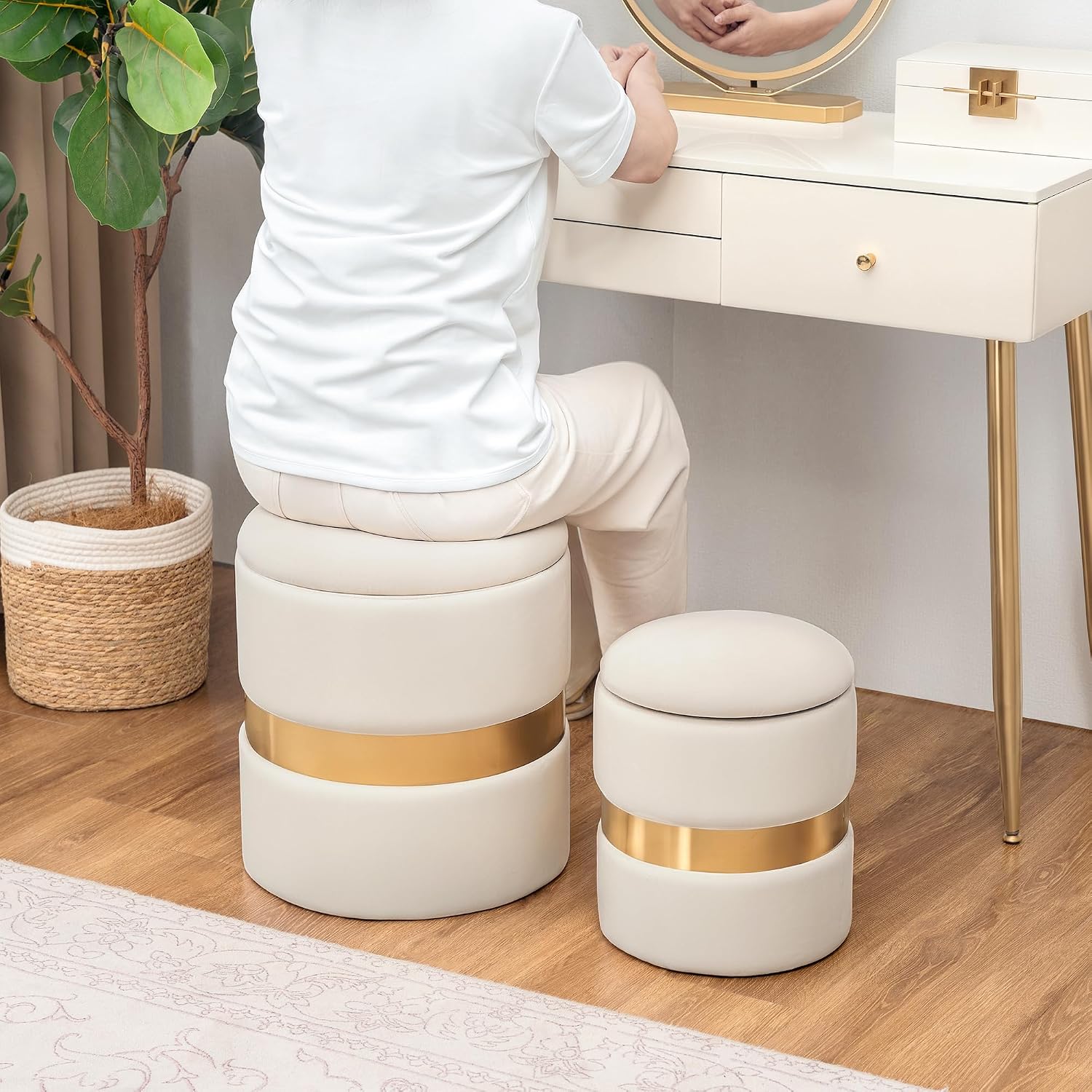 Joveco Round Storage Ottoman Set of 2, Velvet Upholstered Foot Rest Stool Vanity Footsool for Living Room, Bedroom, Light Beige