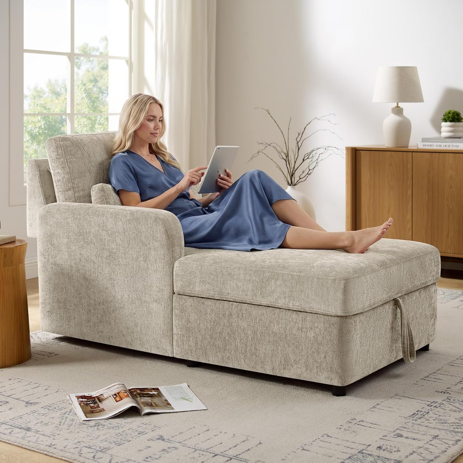 57.9" Oversized Chaise Lounge Chair Indoor, Chenille Reading Chair with Adjustable Backrest & Storage, Upholstered Comfy Sleeper Chair with 2 Pillows, Sofa Bed for Living Room, Bedroom, Camel