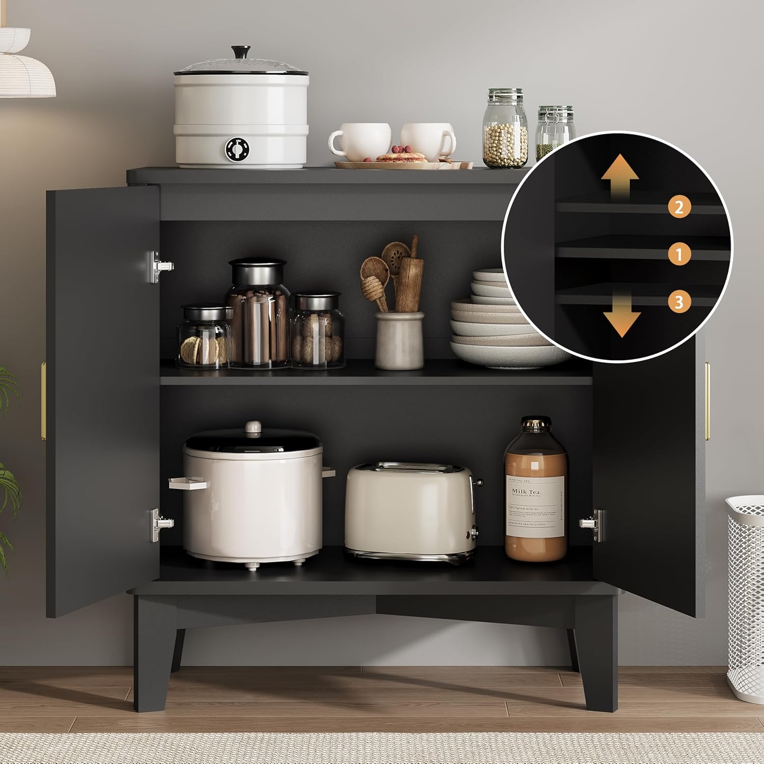 Xixini Fluted Buffet Sideboard Cabinet with Storage, 30" Mid Century Modern Coffee Wine Bar with Adjustable Shelves, Wood Small Buffet Table with 2 Doors for Kitchen, Dining Room, Living Room, Black