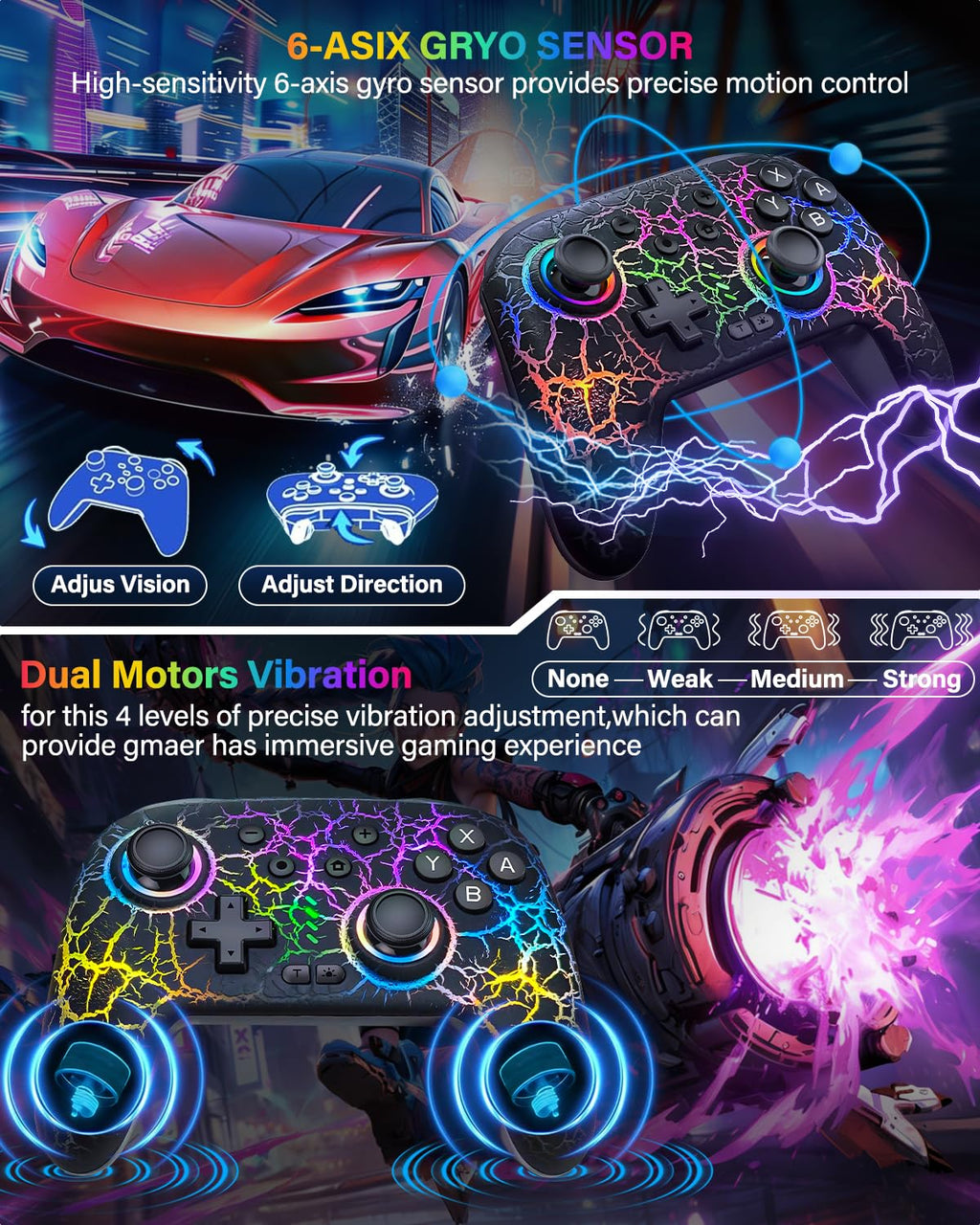 Switch Controller Compatible with Switch/Switch Lite/OLED/PC, Programmable Wireless Switch Controller with 10 LED Light, 6-Axis Motion, Turbo, Vibration, One-Key Wake Up & Pairing, 1000mAh Battery, Flame