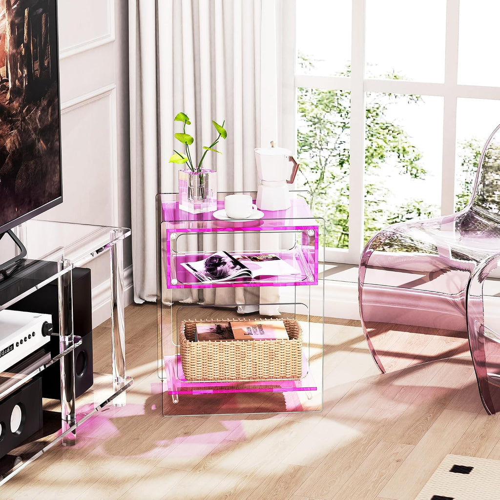 Acrylic Side Table for Living Room, Acrylic Nightstand for Bedroom, L-Series, 15.7'' x 11.8'' × 19.7'' inches (Pink)