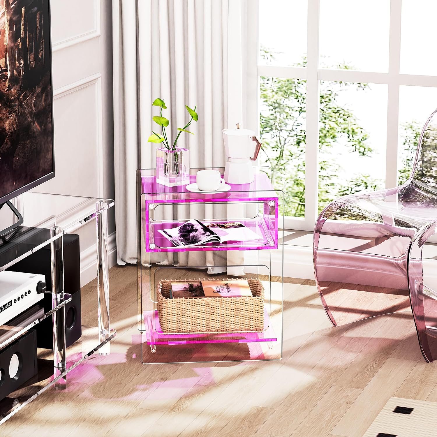 Acrylic Side Table for Living Room, Acrylic Nightstand for Bedroom, L-Series, 15.7'' x 11.8'' × 19.7'' inches (Pink)