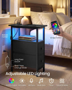 SONGMICS Side Table, Nightstand with Charging Station, End Table with LED Lighting, 2 Drawers, for Living Room, Bedroom, Ink Black, BELLAH Collection ULGS002B101