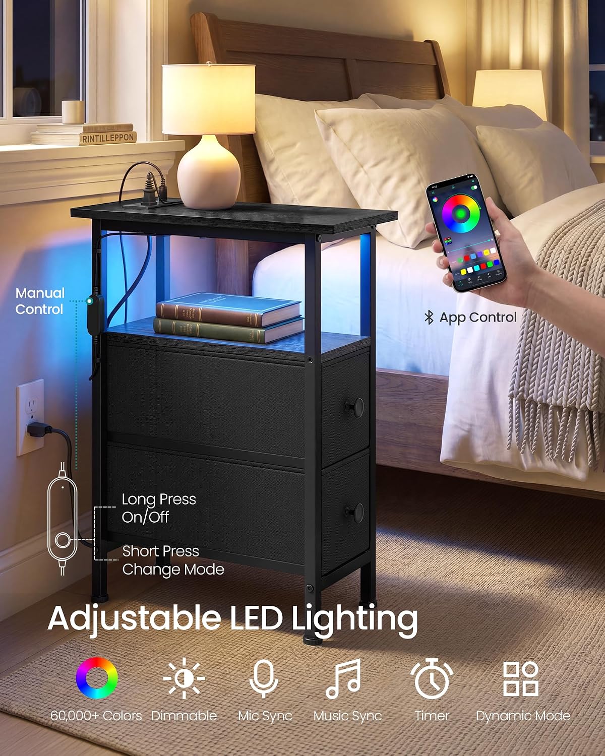 SONGMICS Side Table, Nightstand with Charging Station, End Table with LED Lighting, 2 Drawers, for Living Room, Bedroom, Ink Black, BELLAH Collection ULGS002B101