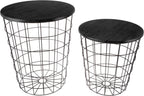 End Tables Set of 2 - Nesting Tables with Removable Wood Tops and Metal Basket Bases for Blanket Storage - Round Side Pieces for Living Room, Bedroom, or Home Office by Lavish Home (Black)