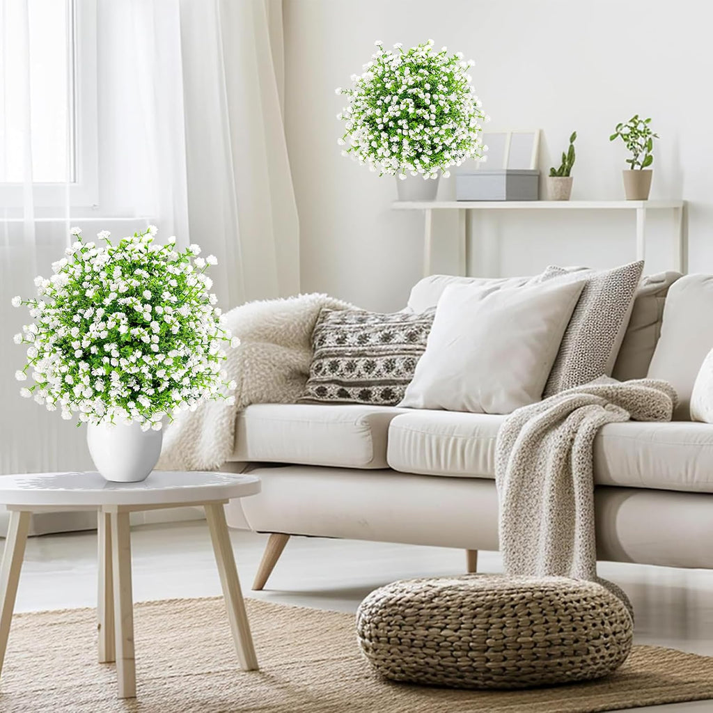 ENVEN Artificial Boxwood Topiary Ball Trees with Ground Spikes UV Resistant Faux Greenery Shrubs Fake Shrubs for Outdoors, Realistic Faux Plants Bushes for Garden Porch Yard Patio Decor (White Green)