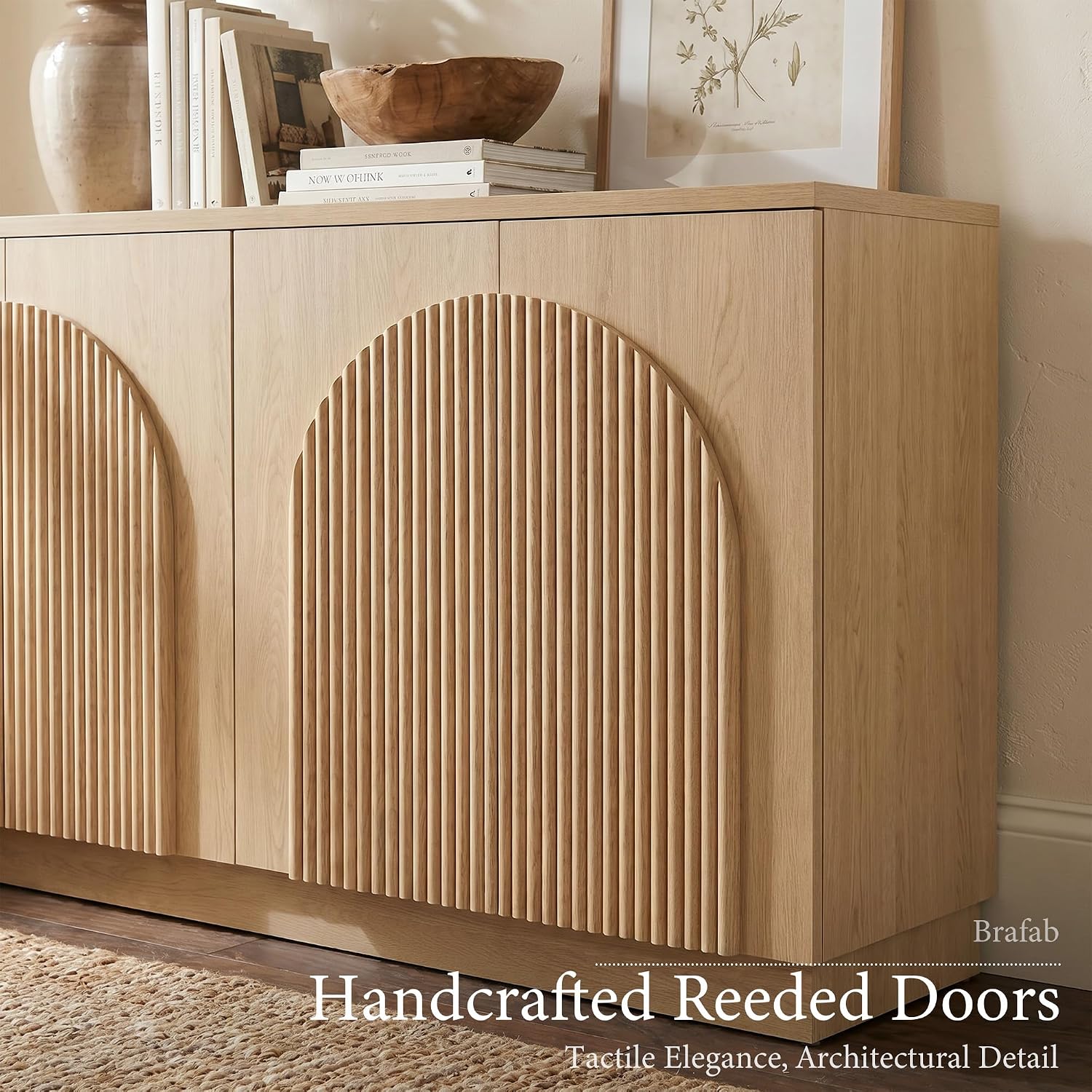 Brafab Modern 55" Fluted Wood Sideboard Buffet Cabinet with Storage/Natural | Hand-Pinned 3D Reeded 4-Door Facade, 2 Adjustable Shelves, Living Room TV Stand, Kitchen Buffet, Entryway Office Credenza