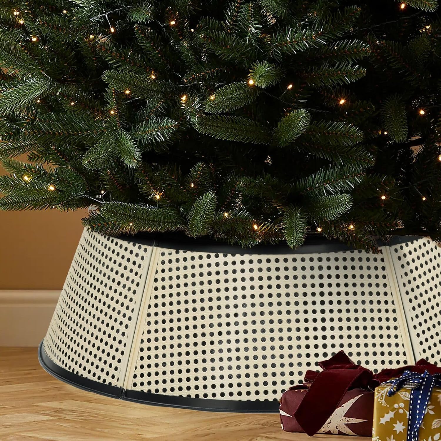 BAYN Metal Christmas Tree Collar, 28-Inch Diameter Base Cover Christmas Tree Ring Stand - Cream