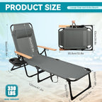 Beach Lounge Chair, Folding Outdoor Chaise Lounge Chair with Arms, 4-Position Backrest, Extended Sun Tanning Chair Pillow & Cup Holder, Patio Lounger for Outside for Beach Pool Patio Yard (Gray)