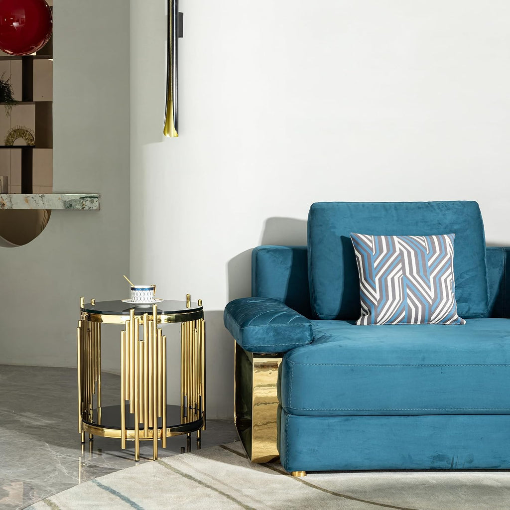 17.72'' Tempered Glass Side Table for Living Room, 2-Tier Modern Circle End Table, Glass Tabletop & Stainless Steel Frame, Easy Assembly, Black & Gold