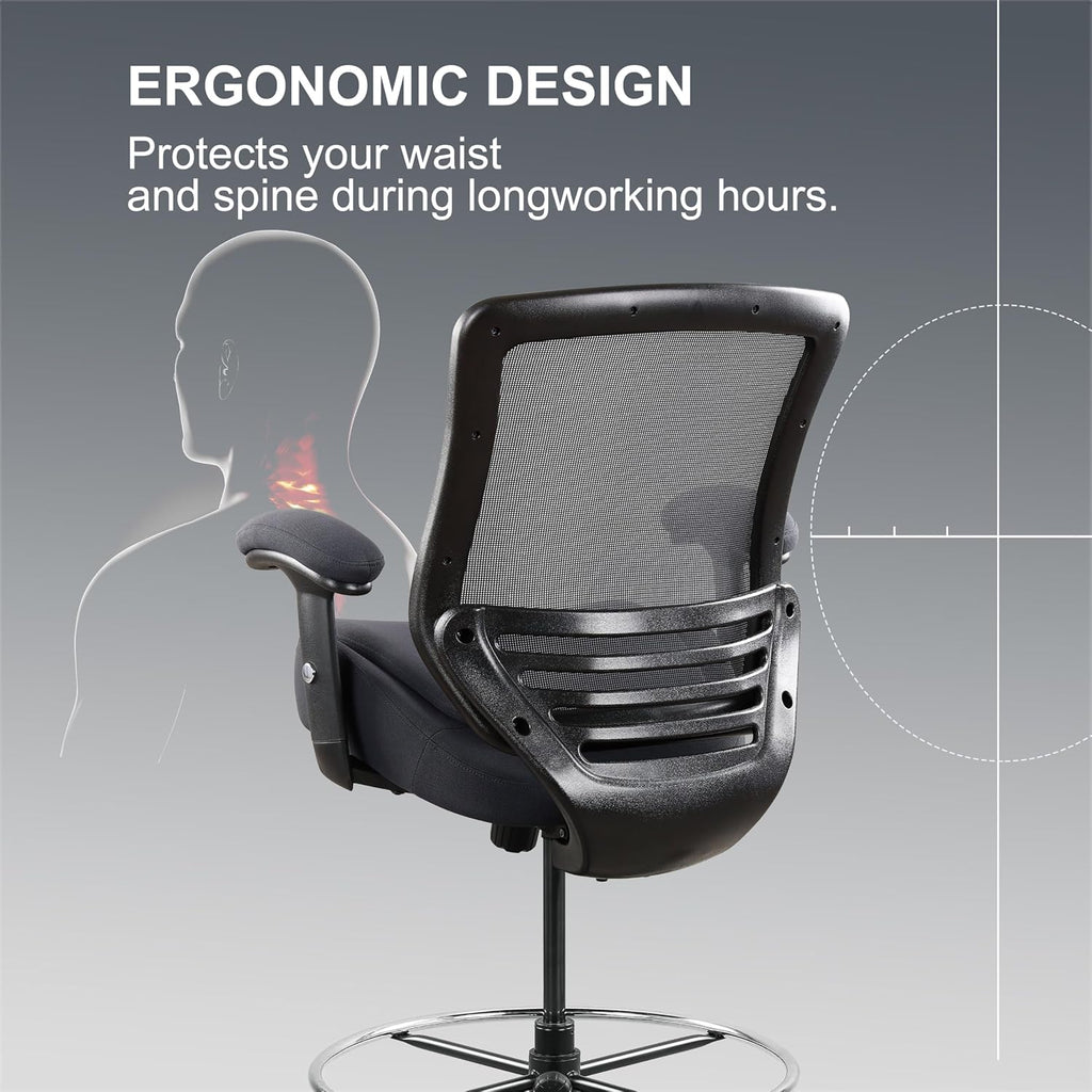 400lbs Office Drafting Chair Wide Dual Seat Cushion Height Adjustable Armrest for High Standing Desk with Lumbar Support and Enlarged Adjustable Footrest (Black Frame Gray Fabric)