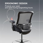 400lbs Office Drafting Chair Wide Dual Seat Cushion Height Adjustable Armrest for High Standing Desk with Lumbar Support and Enlarged Adjustable Footrest (Black Frame Gray Fabric)