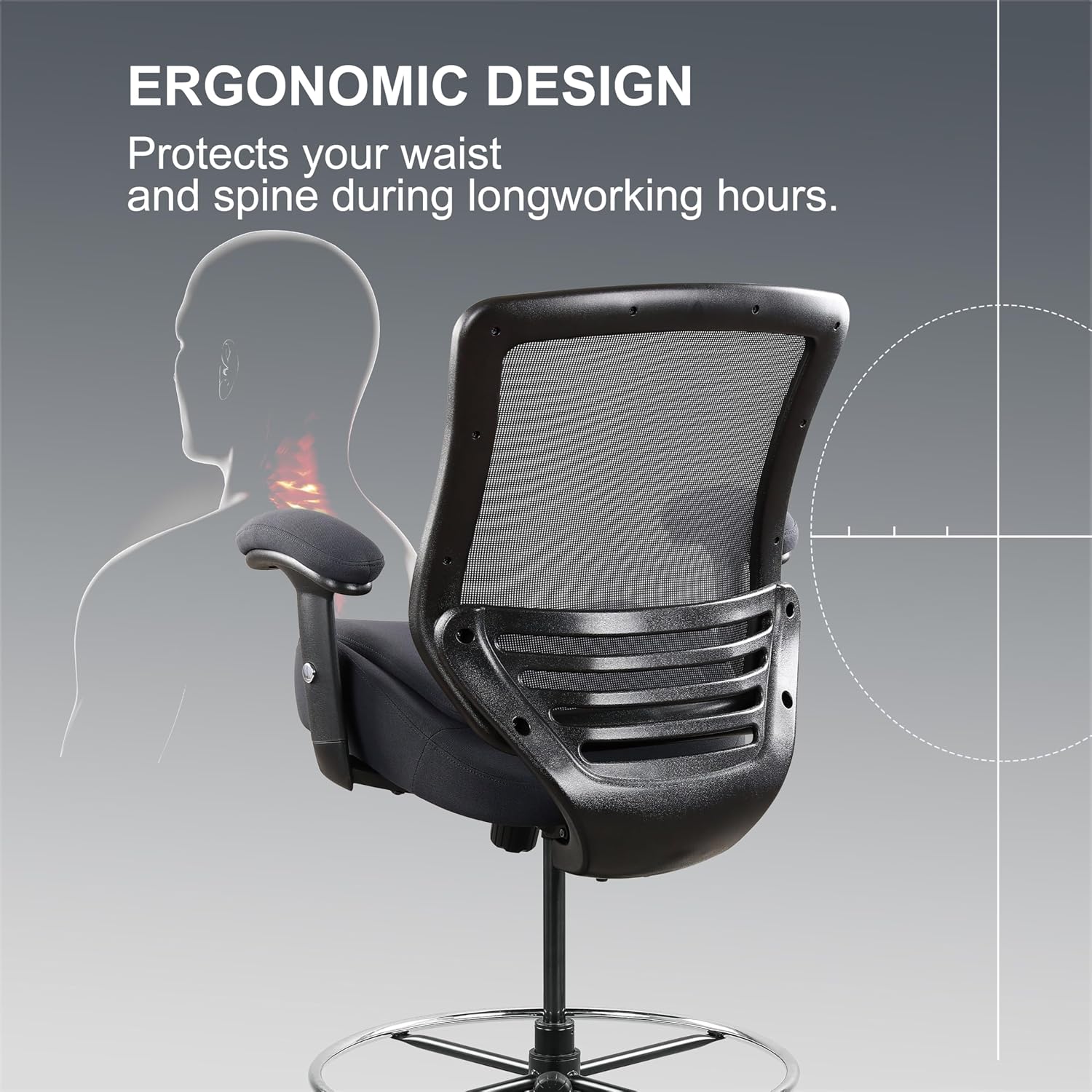 400lbs Office Drafting Chair Wide Dual Seat Cushion Height Adjustable Armrest for High Standing Desk with Lumbar Support and Enlarged Adjustable Footrest (Black Frame Gray Fabric)