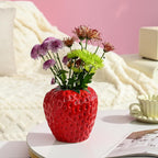 AOMOONOA Red Strawberry Vase for Flowers, Decorative Ceramic Fruit Vase, Strawberry Shaped Planter Pot with Green Leaves and Black Seeds for Table Centerpiece, Home Spring Kitchen Decor