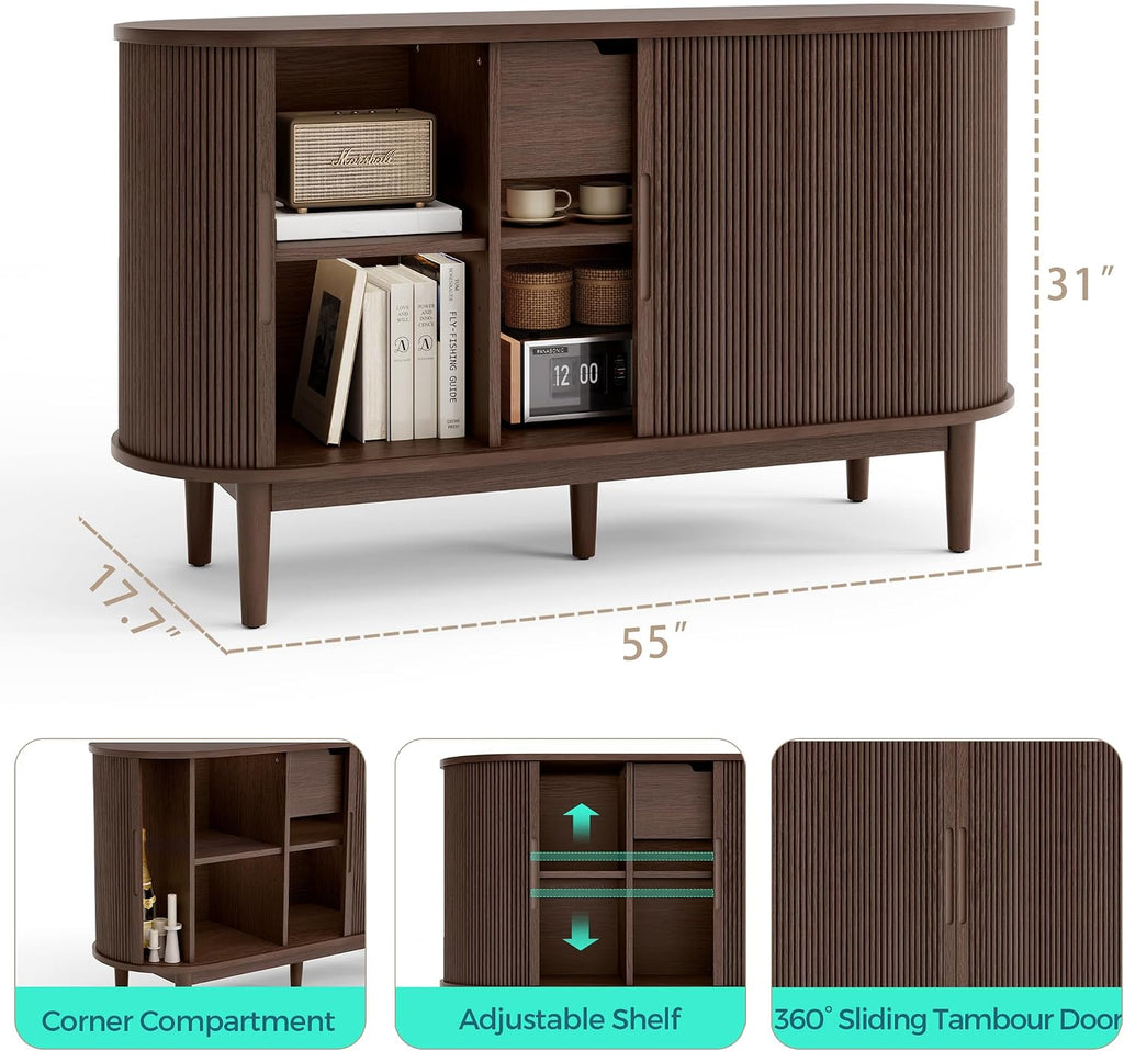 LINSY HOME Sideboard Buffet Cabinet with Storage, 55" Fluted Coffee Bar Cabinet with Tambour Sliding Doors and Drawer, Mid Century Modern Wood Storage Buffet Table for Kitchen, Vintage Walnut