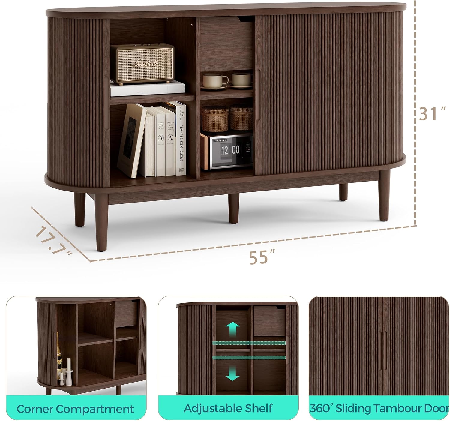 LINSY HOME Sideboard Buffet Cabinet with Storage, 55" Fluted Coffee Bar Cabinet with Tambour Sliding Doors and Drawer, Mid Century Modern Wood Storage Buffet Table for Kitchen, Vintage Walnut