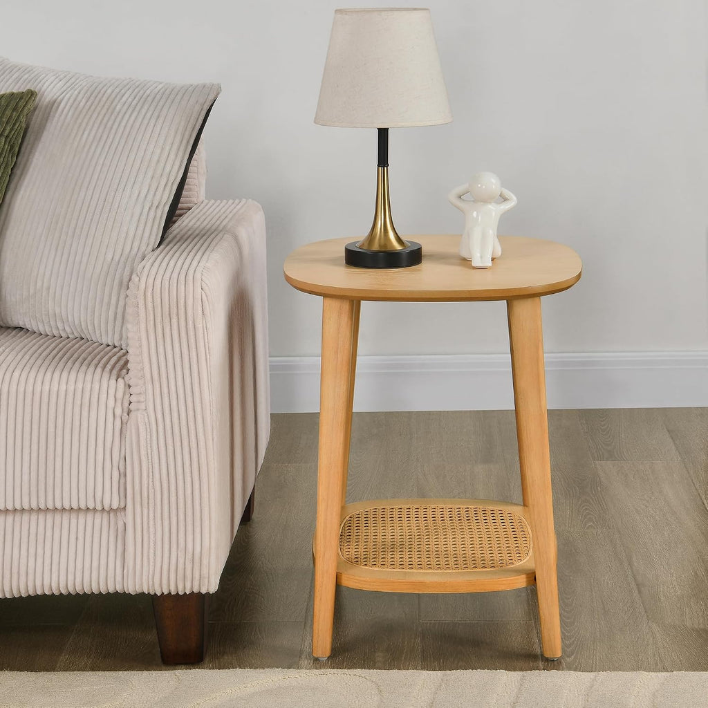 Boho End Table with Rattan Storage Shelf ,Square Sofa Beside Tables with Rounded Corners, Small Telephone Table- for Living Room, Vintage-Inspired Accent Corner Table, Natural Oak CJZ-D0635-OA