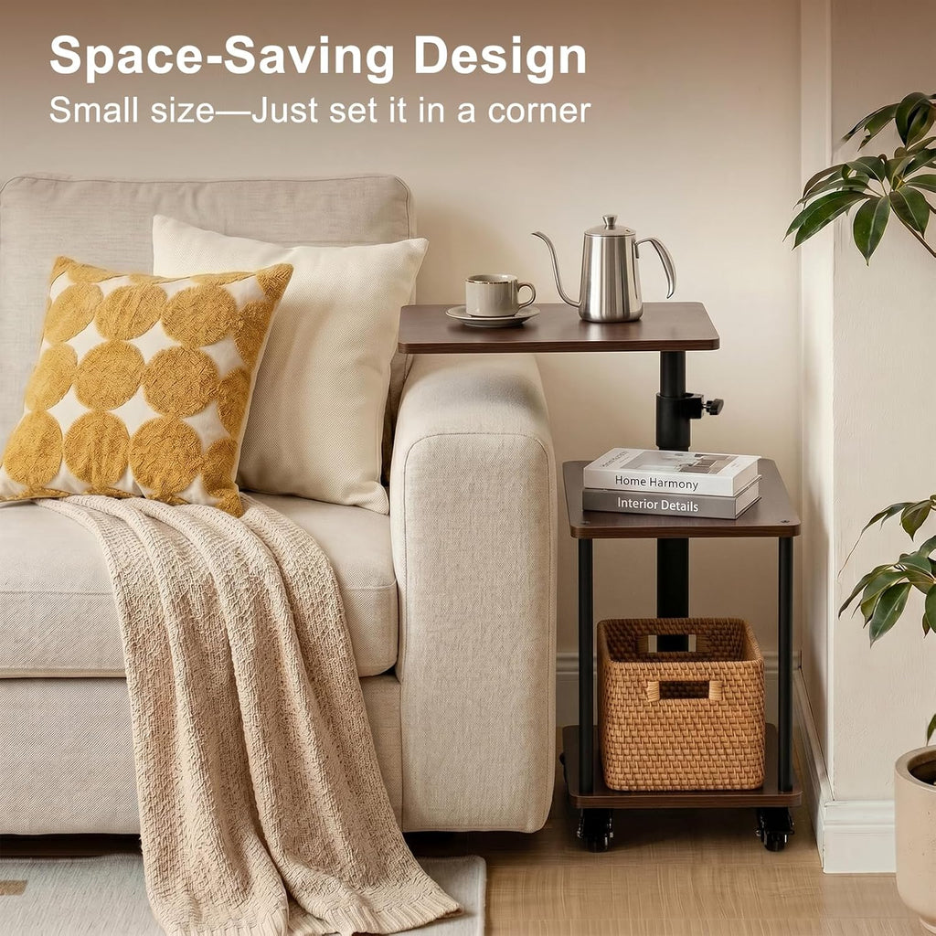 Modern Farmhouse Rolling Side Table with Wheel for Living Room, Adjustable Height Swivel End Table for Different Seating Types, Ideal for Couch, Sofa, Recliner and Living Room, Walnut-Look