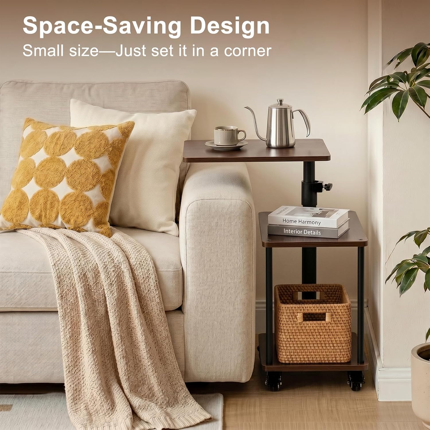 Modern Farmhouse Rolling Side Table with Wheel for Living Room, Adjustable Height Swivel End Table for Different Seating Types, Ideal for Couch, Sofa, Recliner and Living Room, Walnut-Look