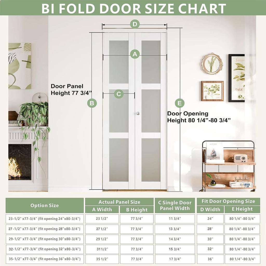 Bifold Door for 28" x 80" Opening, Preassembled 3-Lite Tempered Frosted Glass Closet Door with Hardware Kit, Interior Folding Door for Bedroom, Pantry & Laundry