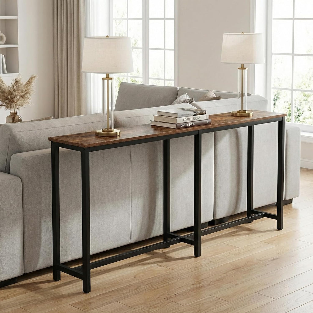 Homleke 71" L Narrow Bar Table, Counter Height Pub Desk, Rustic Brown and Black