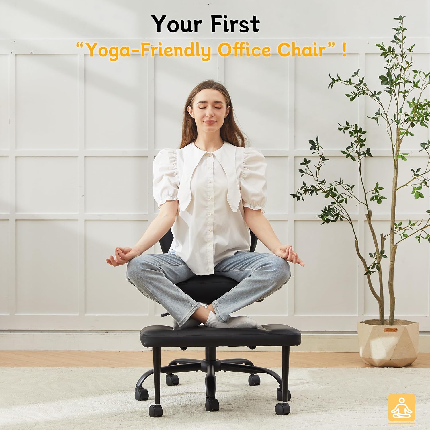 Cross Legged Office Chair with Wheels, Criss Cross Chair with Wider Thicken Seat, ADHD Meditation Chair with Adjustable Footstool for Adults, Yoga Office Chair, PU Black