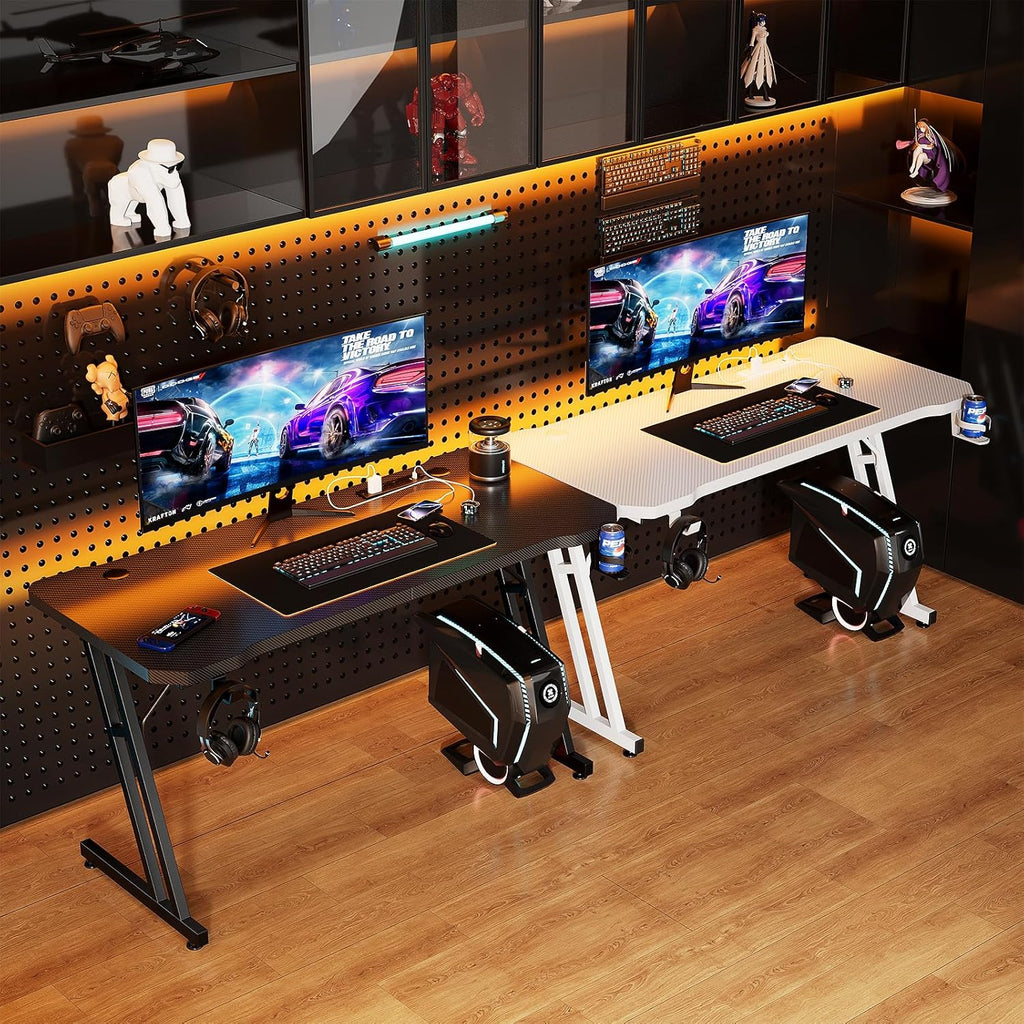 Czlolo 47 Inch Gaming Desk with Power Outlets, L-Shape Leg Computer Desk, Gamer Desk for Small Space, Wtih Cup Holder, Headphone Stand, USB＆ Tpye-C Ports, Carbon Fiber Surface, Black
