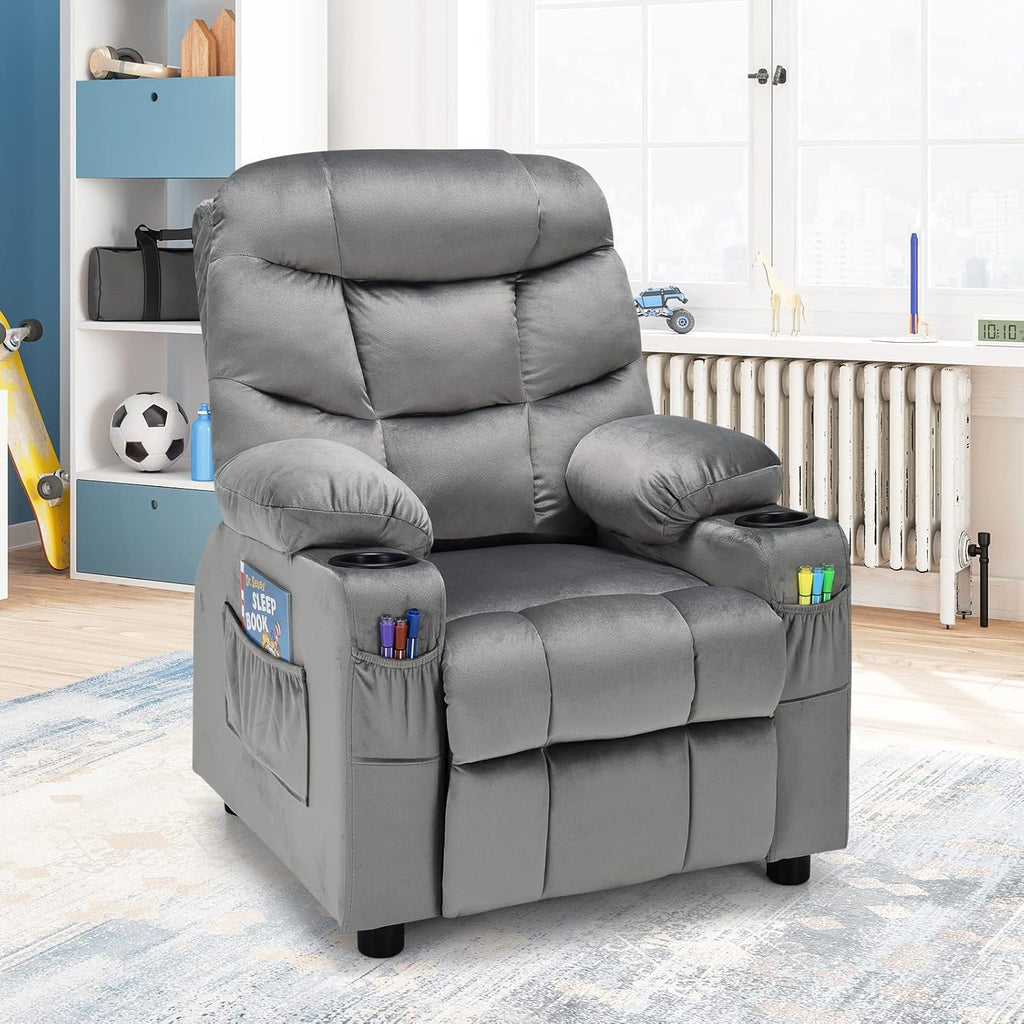 COSTWAY Larger Kids Recliner Chair, Adjustable Lounge Recliner w/ 2 Cup Holders, 1 Side Pocket, 2 Front Pockets, Footrest, Velvet Fabric Recliner for Boys & Girls, Ideal for Bedroom (Grey)