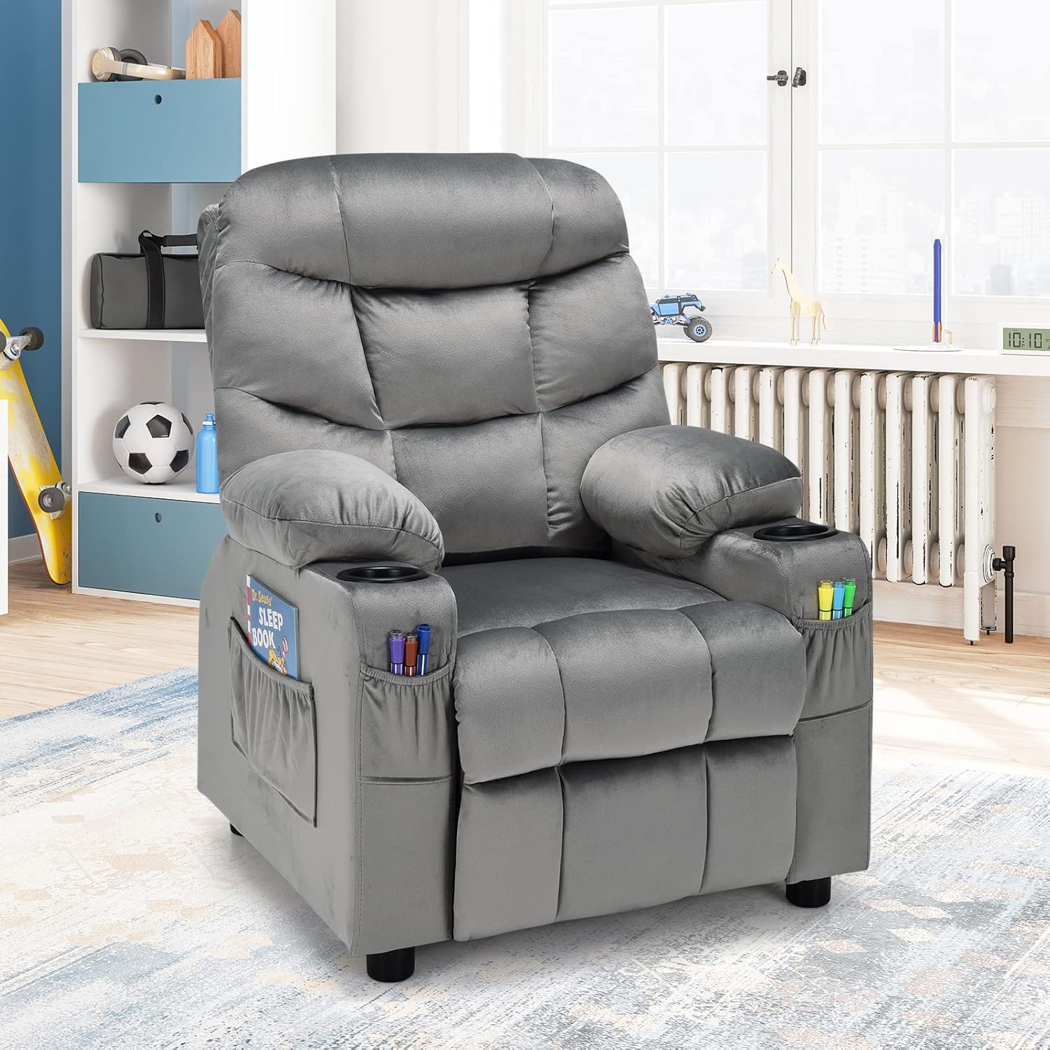 COSTWAY Larger Kids Recliner Chair, Adjustable Lounge Recliner w/ 2 Cup Holders, 1 Side Pocket, 2 Front Pockets, Footrest, Velvet Fabric Recliner for Boys & Girls, Ideal for Bedroom (Grey)