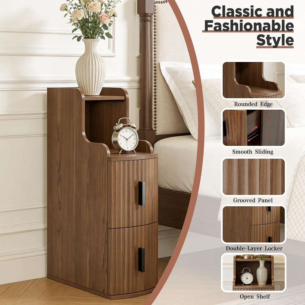 Narrow End Tables Set of 2 with 2 Storage Drawers for Living Room Office Slim Side Tables Small Nightstands Modern Beside Tables for Sofa Bedroom Small Spaces (2, Walnut)