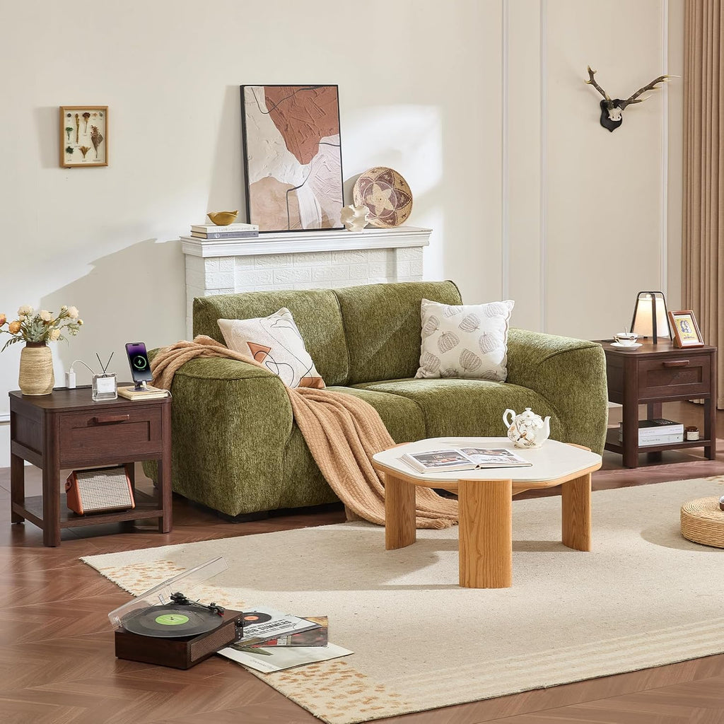 Joaxswe Farmhouse Side Tables Living Room, Small Nightstand with 1 Drawers & Open Shelving & 4 Thickened Table Legs, Walnut