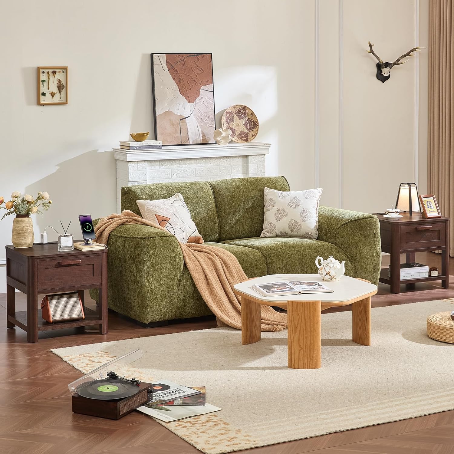 Joaxswe Farmhouse Side Tables Living Room, Small Nightstand with 1 Drawers & Open Shelving & 4 Thickened Table Legs, Walnut