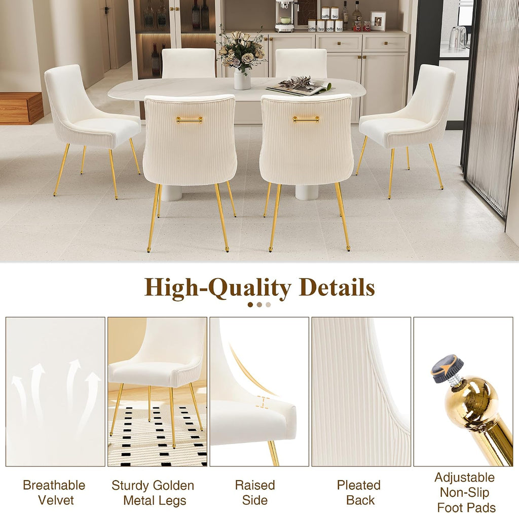 adochr Velvet Dining Chairs Set of 4, Modern Upholstered Kitchen Chair with Pull Handle & Pleated Back, Mid Century Accent Chair with Gold Metal Legs for Vanity,Dining,Kitchen,Living Room, Beige