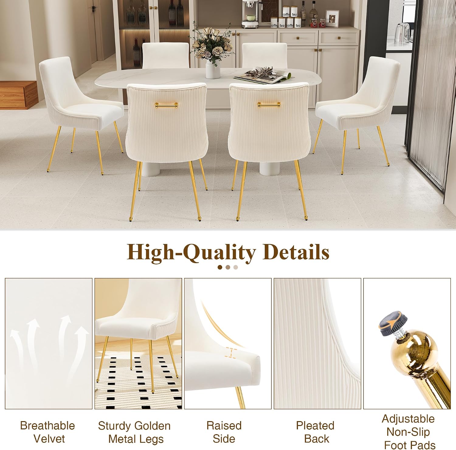 adochr Velvet Dining Chairs Set of 4, Modern Upholstered Kitchen Chair with Pull Handle & Pleated Back, Mid Century Accent Chair with Gold Metal Legs for Vanity,Dining,Kitchen,Living Room, Beige