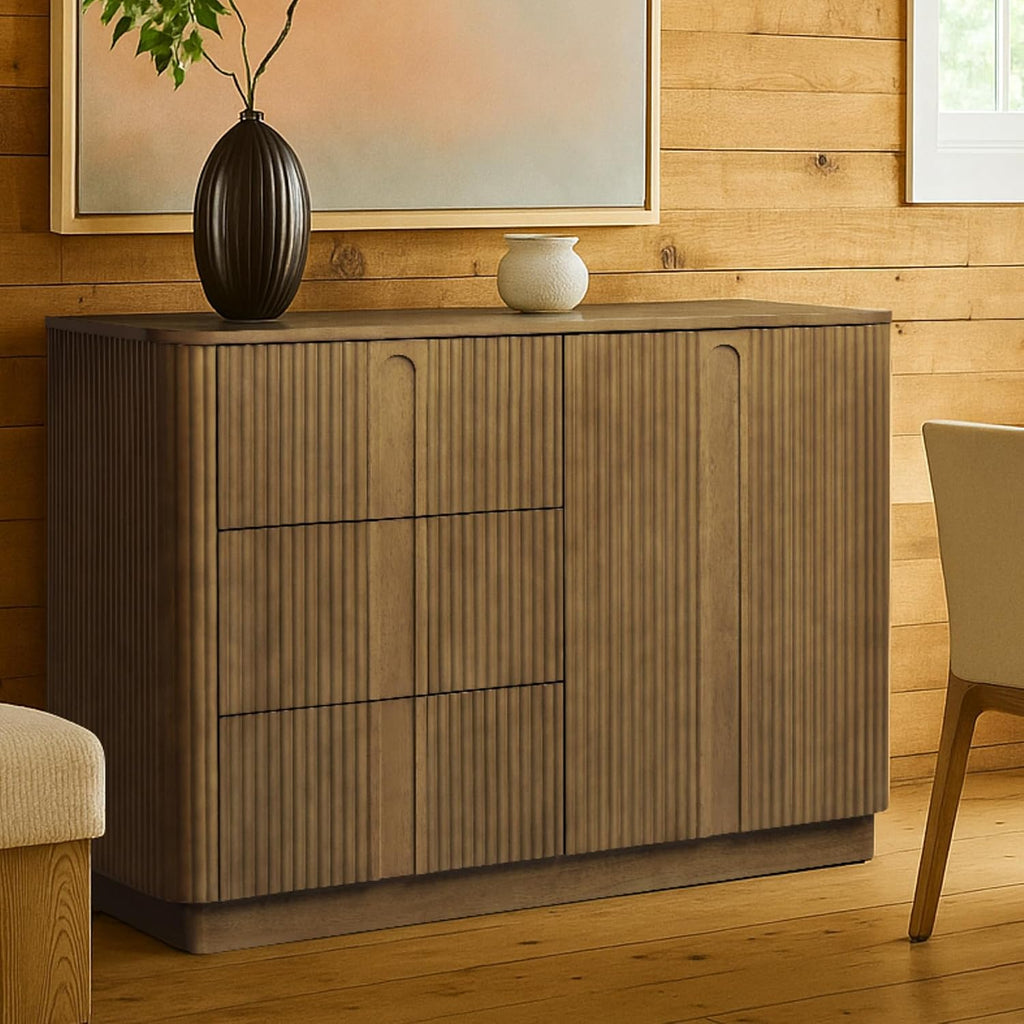 Teamson Home 42'' W Scandinavian Style Sideboard with 3 Drawer 1 Door and Adjustable Shelf, Solid Wood Frame, Push to Open and Acacia Veneer Living Room Storage Furniture in Greige