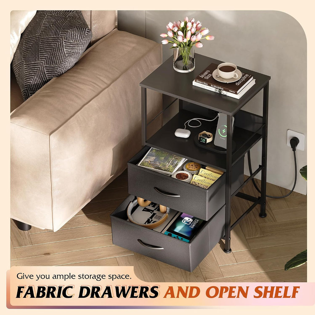 WLIVE LED Night Stand with Charging Station, Black Nightstand with 2 Fabric Drawers and Storage Shelf, Dorm Bedside Table End Table with 2 USB Ports and Outlets, Small Dresser for Bedroom