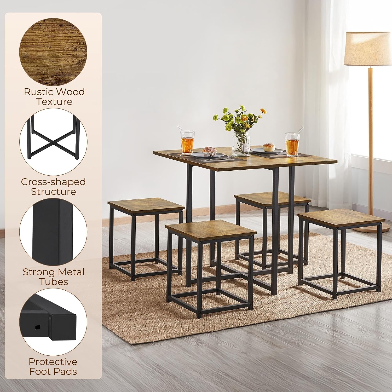 Yaheetech Industrial Dining Table Set for 4 Compact Kitchen Table and 4 Stools Space Saving Home Furniture for Small Space, Rustic Brown