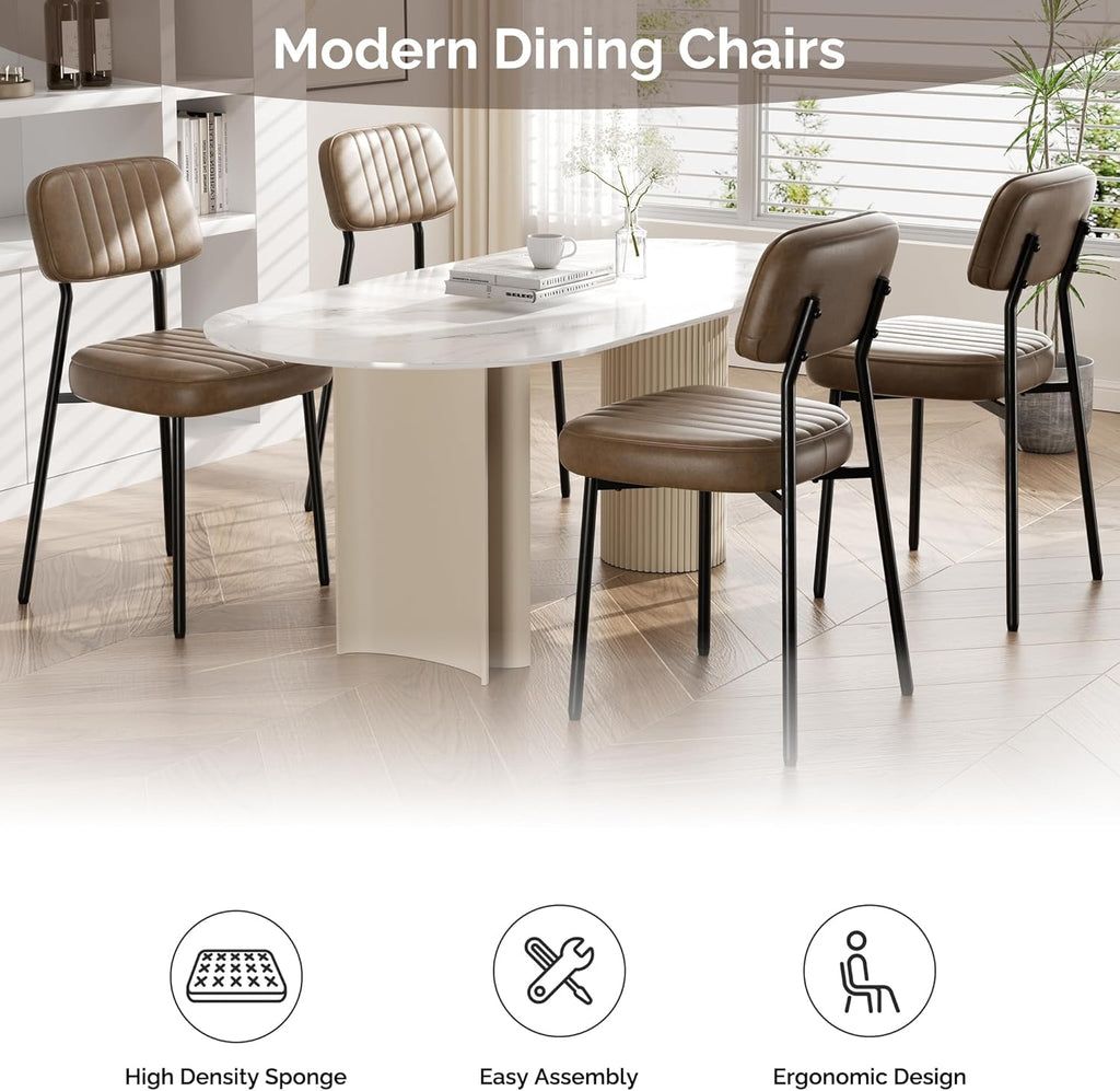 Brown Dining Chairs Set of 4, Modern Faux Leather Dining Chairs with Thick Cushions Seat Back and Metal Legs, Comfy Kitchen Chairs for Dining Living Room