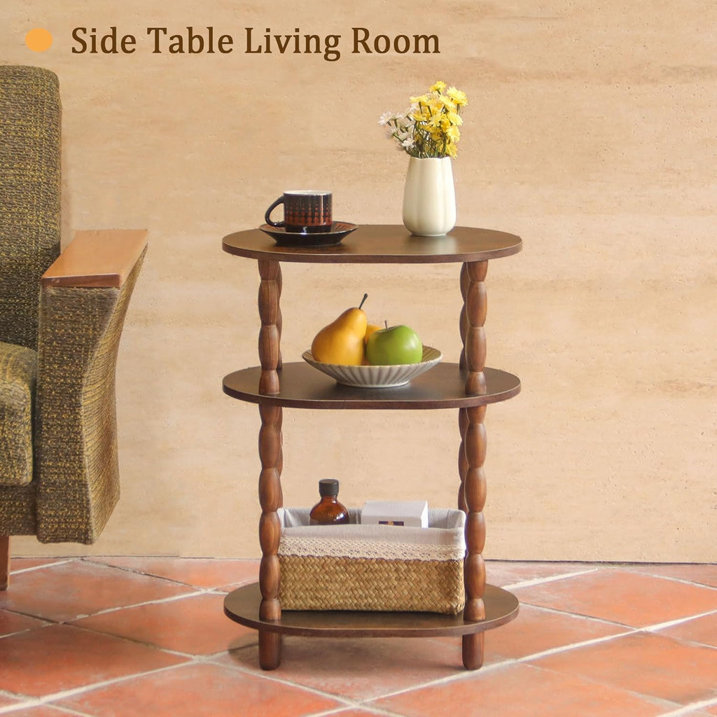 MaxSmeo Side Table with Charging Station, 3-Tier Small End Table with USB Ports and Outlets, Modern Oval Night Stand Accent Table for Living Room, Bedroom, Rustic Brown