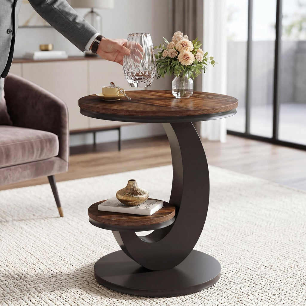 Tribesigns Round End Table with 2-Tier Shelf Storage,C Shaped Wood Side Table for Couch with Metal Frame,Modern Nightstand Accent Table for Living Room,Bedroom,Small Space (Brown)