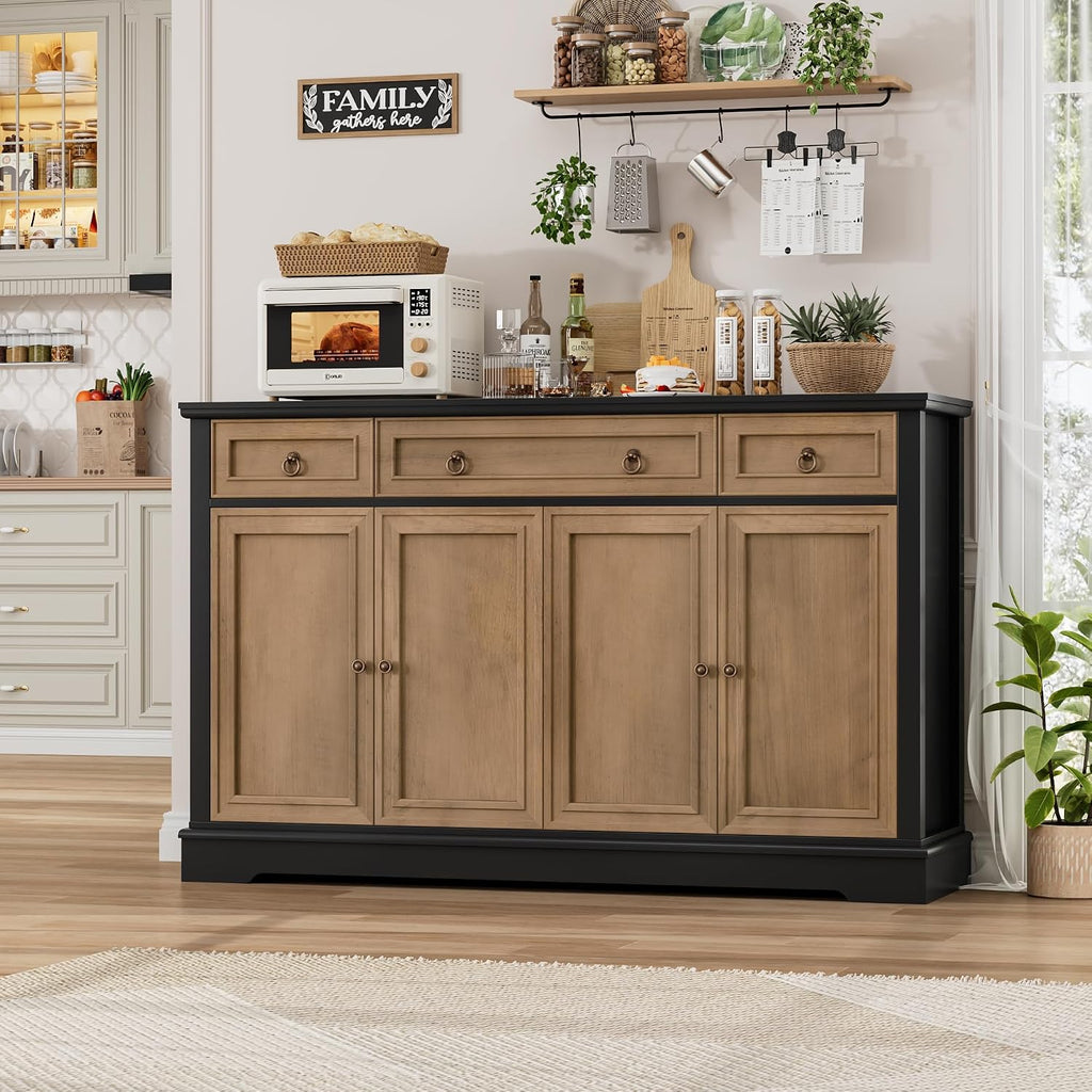 FINETONES Buffet Cabinet with Storage, 52.7" Large Sideboard Buffet Table, Kitchen Cabinet with 3 Drawers and 4 Doors, Wood Coffee Bar for Kitchen Dining Room, Black/Brown